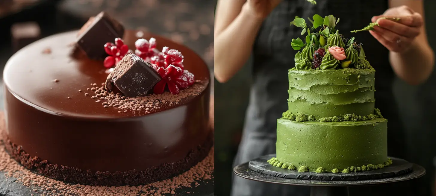 A classic chocolate cake and a modern matcha cake with artistic toppings, showcasing delicious cake flavors.