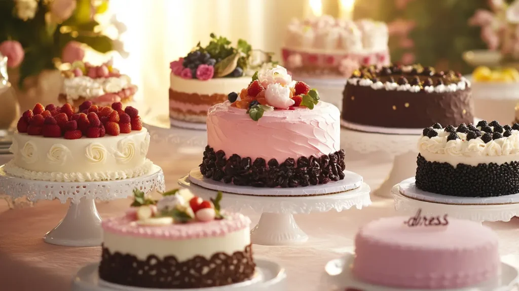 A beautifully arranged cake display with several cakes of different flavors, each decorated with fresh fruits, edible flowers, and elegant frosting patterns. The table setting includes soft lighting, candles, and fine china, conveying a sophisticated and upscale ambiance