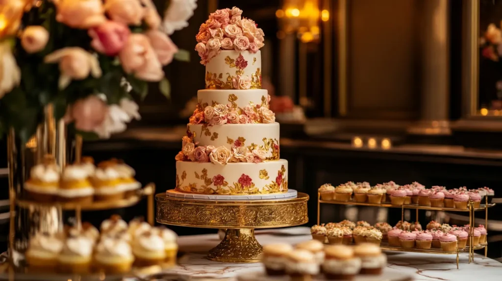 An elegant event table with a multi-tiered cake as the centerpiece, decorated with intricate floral designs, surrounded by coordinated cupcakes and macarons on elegant trays, set against a warm, upscale ambiance.