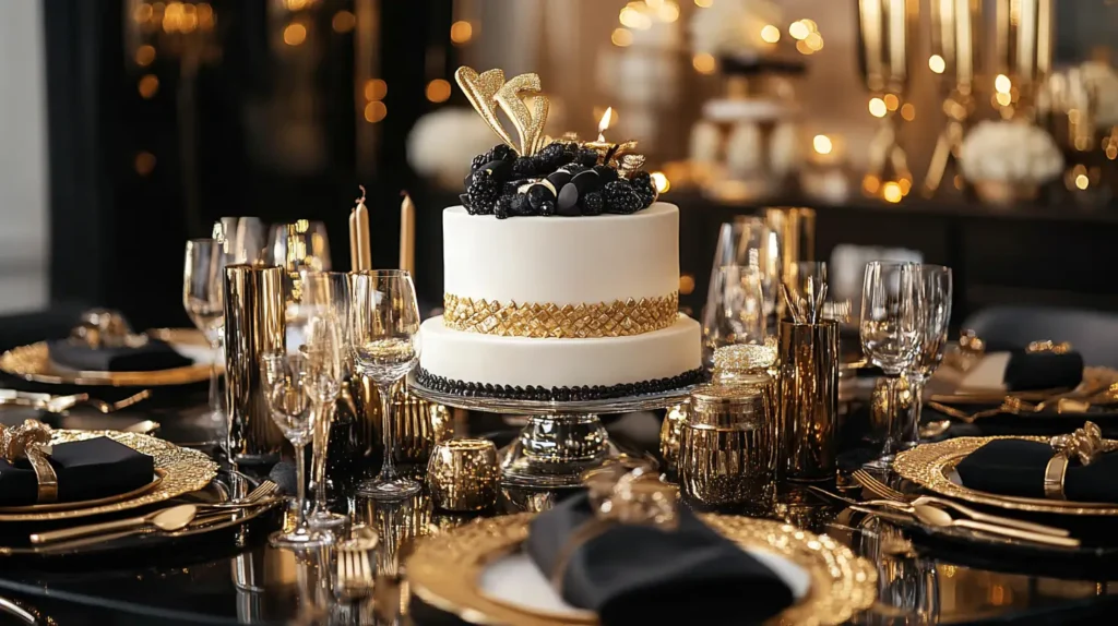 A visually striking event table featuring a centerpiece cake surrounded by elegant decorations, highlighting the cake's central role in event planning. Cake Flavors Dress to Impress