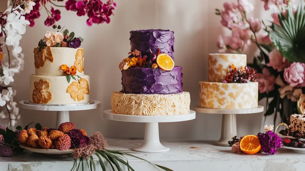 A bold, artistic cake display featuring cakes with striking, contrasting colors like deep purple velvet and golden honey, decorated with intricate designs. The background is minimalist, with vibrant icing, citrus zest, chocolate shavings, and spices scattered artfully around the cakes.