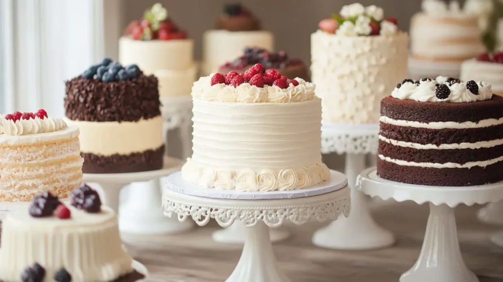 An elegant arrangement of classic cakes like chocolate, vanilla, red velvet, and carrot cake, each decorated with smooth buttercream, minimalistic piping, and fresh berries or nuts. The cakes are placed on vintage-style cake stands, with soft, neutral lighting creating a nostalgic, timeless atmosphere