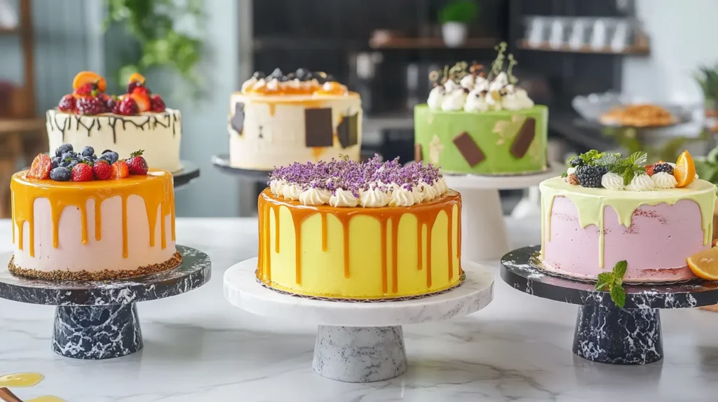 A creative fusion cake display featuring cakes with modern, unexpected flavors like salted caramel and espresso, matcha and white chocolate, and lemon and lavender. The cakes have vibrant designs with geometric patterns and artistic frosting techniques, with ingredients like matcha powder, caramel drizzle, and lemon zest placed beside them.