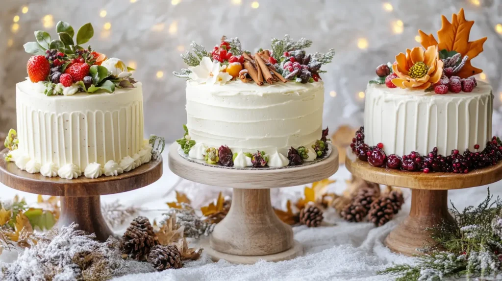 A seasonal cake collection featuring cakes inspired by different seasons, including a pumpkin spice cake with cinnamon accents for fall, a strawberry shortcake for summer, a chocolate and peppermint cake for winter, and a citrus-infused cake with spring flowers. The cakes are decorated with seasonal elements like fall leaves, snowflakes, berries, and edible flowers, arranged on wooden or marble cake stands.