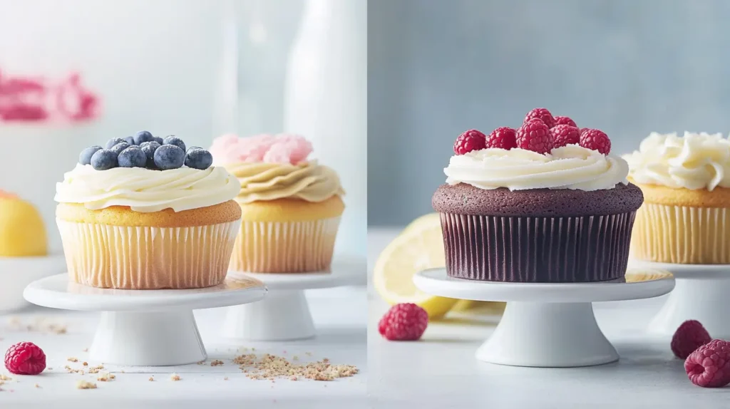 A dynamic flavor duo display featuring cakes and cupcakes with standout pairings like chocolate and raspberry, lemon and blueberry, and caramel and sea salt. Each cake has split designs, with one side decorated to represent one flavor and the other side its pairing, complemented by garnishes like fresh fruit, zest, or sprinkles