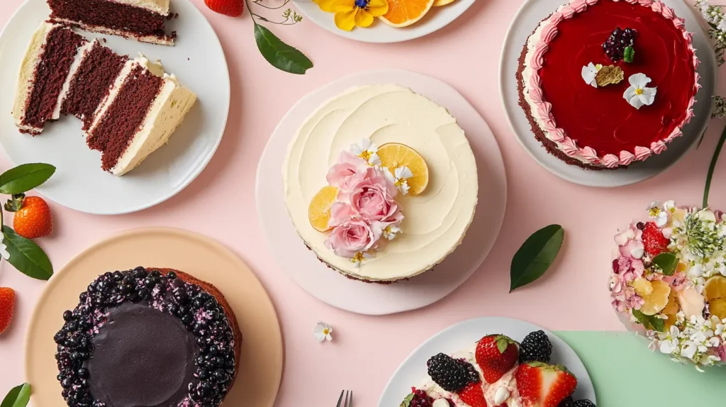 A flat-lay image showcasing classic cakes: a chocolate truffle cake, a vanilla cake with floral frosting, a red velvet cake, and a seasonal fruit cake topped with fresh fruit slices. Cake Flavors Dress to Impress