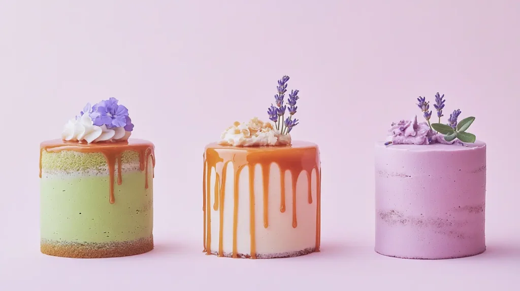 A trendy display of modern cakes: a matcha cake with minimalist decoration, a salted caramel drip cake, and a floral lavender cake in pastel hues. Cake Flavors Dress to Impress