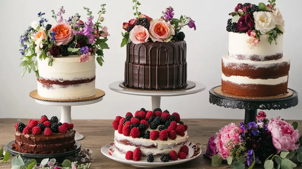 A showcase of styled cakes: a rustic naked cake with fresh berries, a dramatic chocolate drip cake, a floral-decorated cake, and a tall tiered cake with intricate detailing.