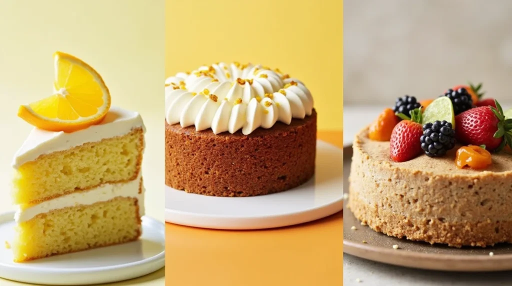 A mix of themed cakes: a citrus-flavored cake for summer, a spiced cake for winter, and a vegan cake topped with fresh fruit and nuts.