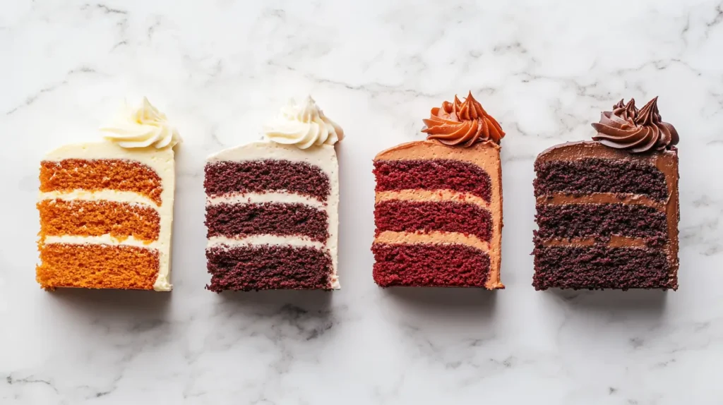 A flat lay of four small cakes or slices, each styled differently: chocolate cake with ganache, vanilla cake with berries, red velvet with cream cheese frosting, and carrot cake with walnuts.