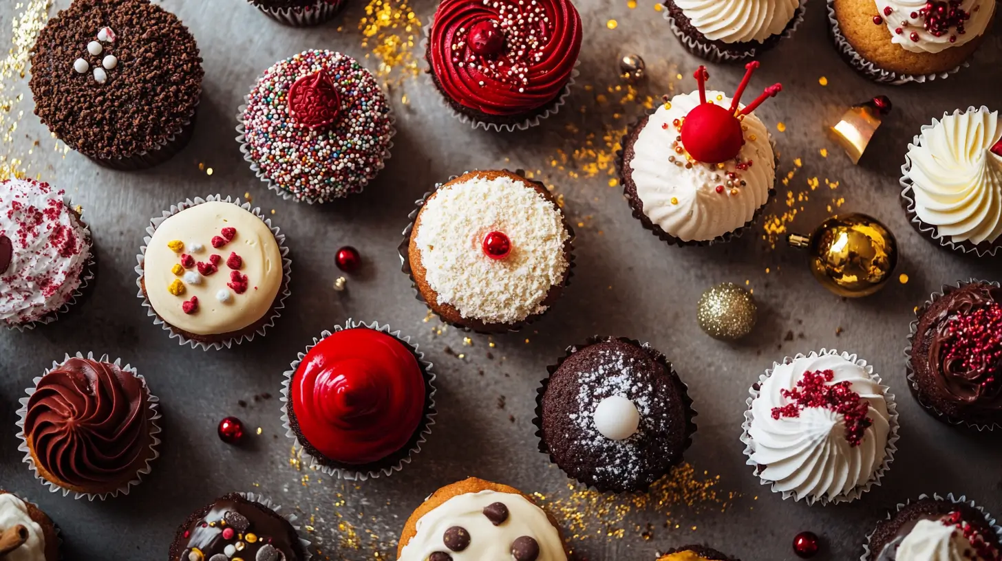 A visually appealing table spread showcasing an assortment of mini cakes and cupcakes in various flavors: chocolate, vanilla, red velvet, and carrot. Each dessert is uniquely decorated, with event-themed props like a birthday hat, a wedding topper, and holiday ornaments subtly placed around them to represent different occasions.