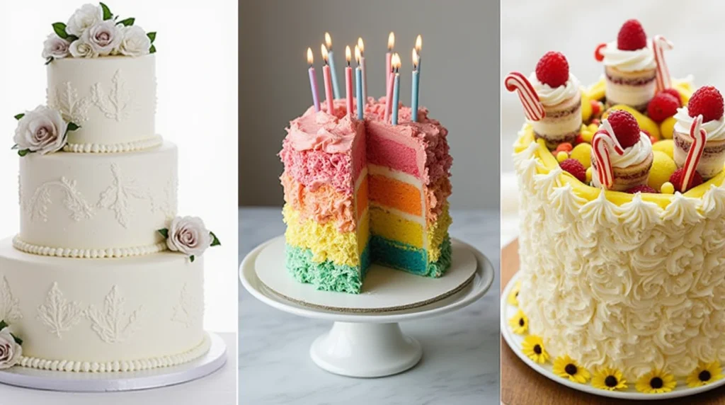 A collage-style image featuring three cakes: a sophisticated white wedding cake with floral decorations, a colorful birthday cake with sprinkles and lit candles, and a festive holiday cake adorned with candy canes and snowflakes.