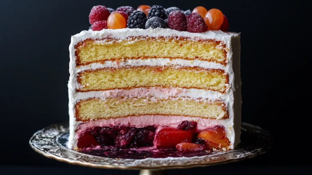 A detailed cake cross-section showing layers of soft sponge cake, creamy buttercream frosting, and vibrant fruit filling, highlighting the combination of textures and flavors.