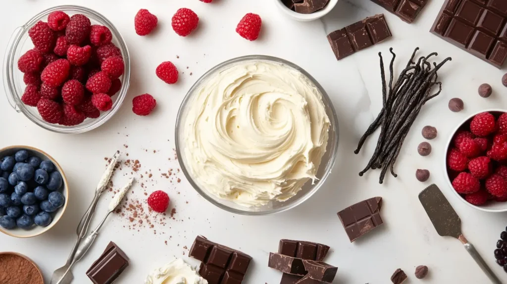 A baker's countertop filled with ingredients for personalizing cake flavors, including chocolate bars, vanilla beans, fresh berries, frosting in various colors, and baking tools like a whisk and piping bag.