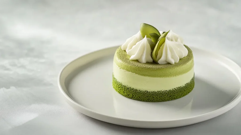 A modern-style matcha cake with a minimalist design, featuring a smooth green surface and light garnishes, placed on a sleek white plate.