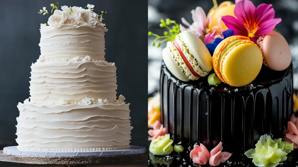 A split-screen showing a classic white-tiered wedding cake and a modern drip cake with macarons and edible flowers, highlighting diverse cake flavors.