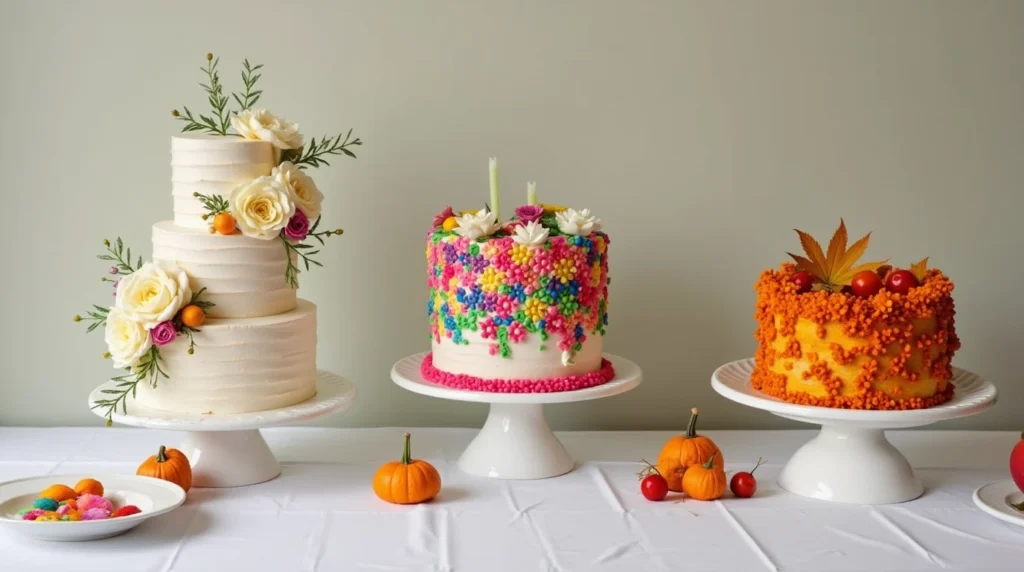 A table displaying cakes styled for various events: a wedding cake adorned with flowers, a colorful birthday cake, and a seasonal autumn-themed cake.