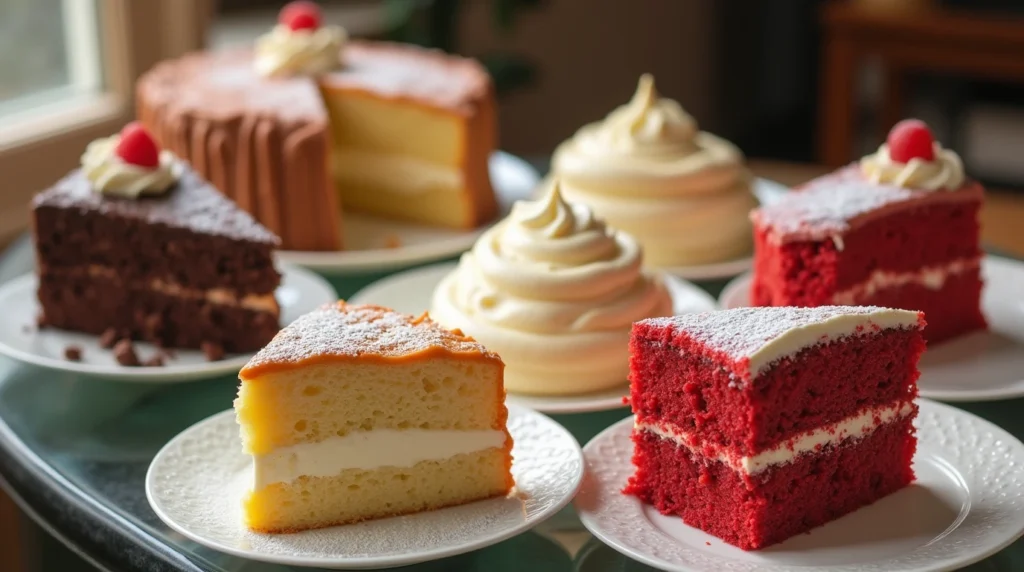 A beautiful display of classic cakes like chocolate cake, vanilla bean cake, and red velvet cake, arranged on elegant plates or a dessert table, highlighting the diversity of classic cake flavors.