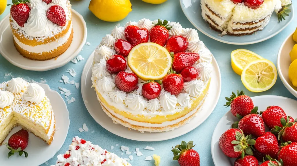 A vibrant image featuring a variety of fruity cakes, including lemon drizzle cake, strawberry shortcake, and coconut cake, decorated with fresh fruit like lemons, strawberries, and coconut flakes around the cakes.