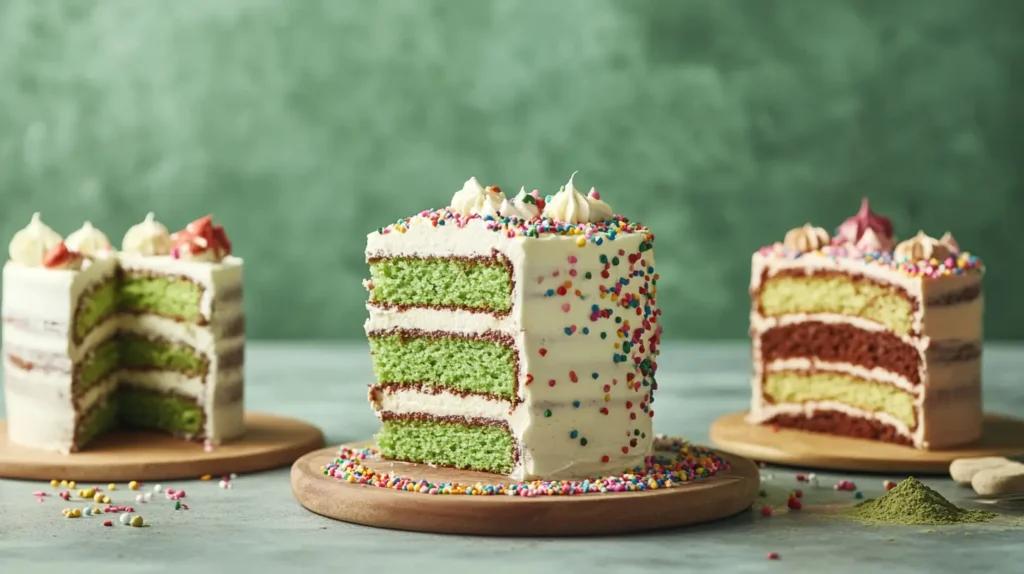 A visually interesting image featuring unique cakes such as tiramisu cake with creamy layers, matcha cake with a vibrant green hue, and funfetti cake topped with colorful sprinkles, highlighting their contrasting textures and colors.