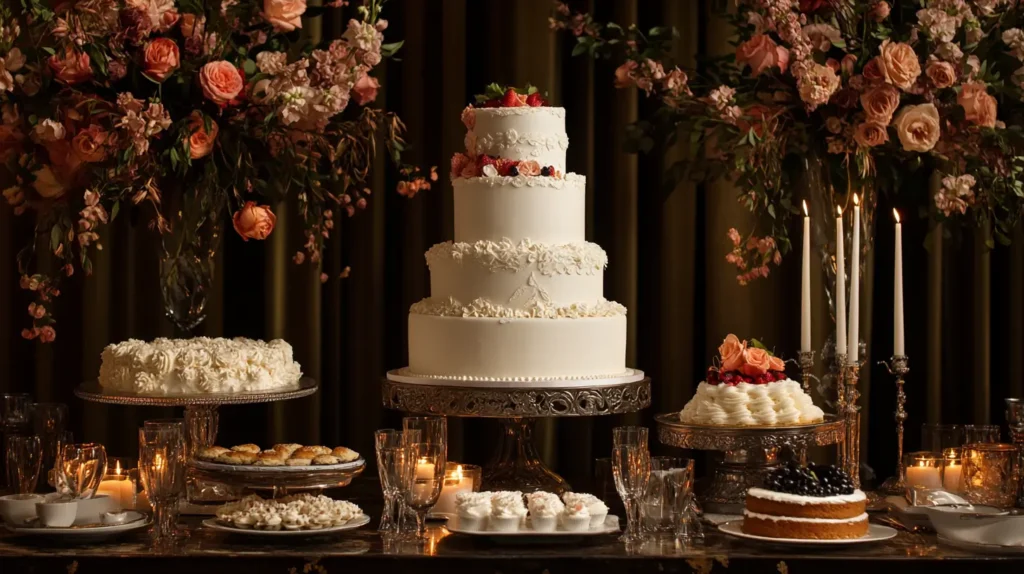 A sophisticated setup featuring occasion-specific cakes, including carrot cake with cream cheese frosting, black forest cake, and an elegantly decorated wedding or celebration cake, displayed on a stylish dessert table.