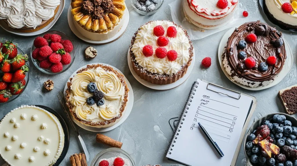 A creative flat-lay of various cakes, including chocolate, vanilla, and fruit flavors, displayed on a beautifully arranged table alongside a notepad or checklist, symbolizing the decision-making process for selecting a cake for an event.