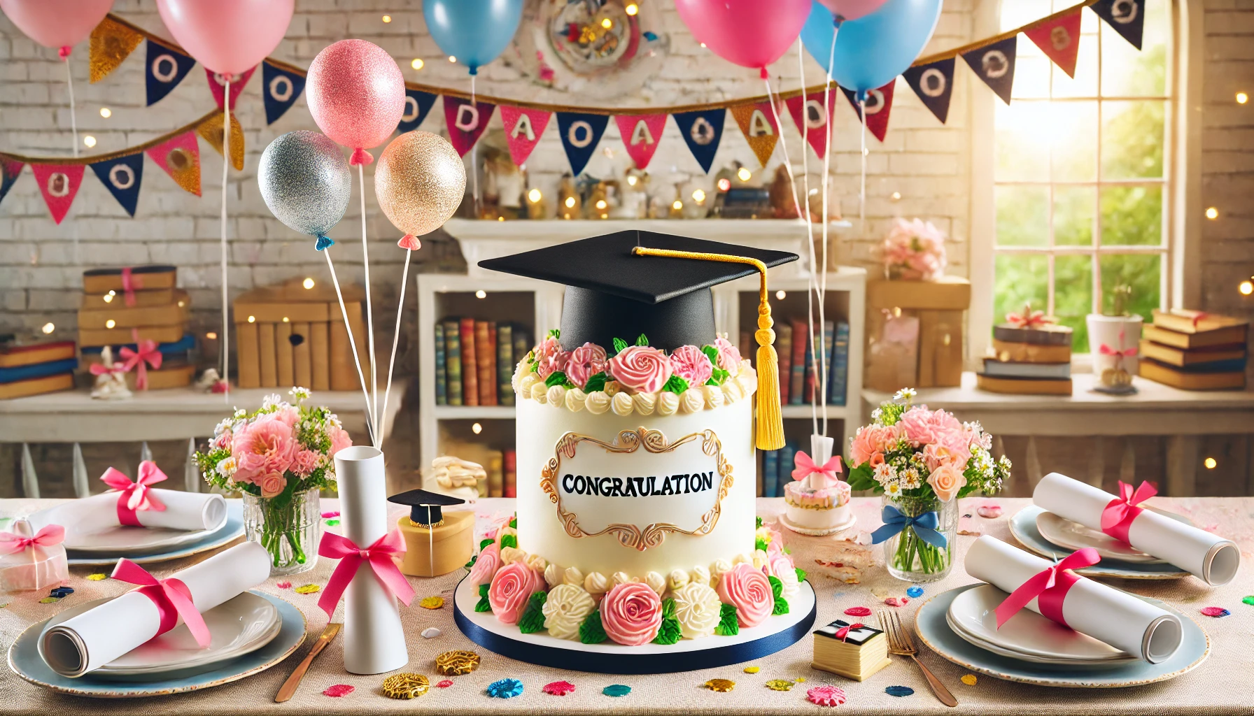 A festive graduation party table featuring a beautifully decorated graduation cake as the centerpiece, surrounded by balloons, confetti, and graduation-themed props like caps and diplomas.