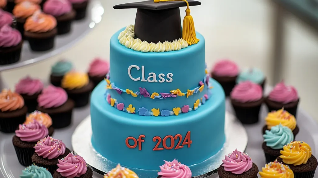 A tiered graduation cake featuring 'Class of 2024' on one layer, a fondant graduation cap topper, and school-themed decorations like logos and colors, surrounded by cupcakes for added charm.