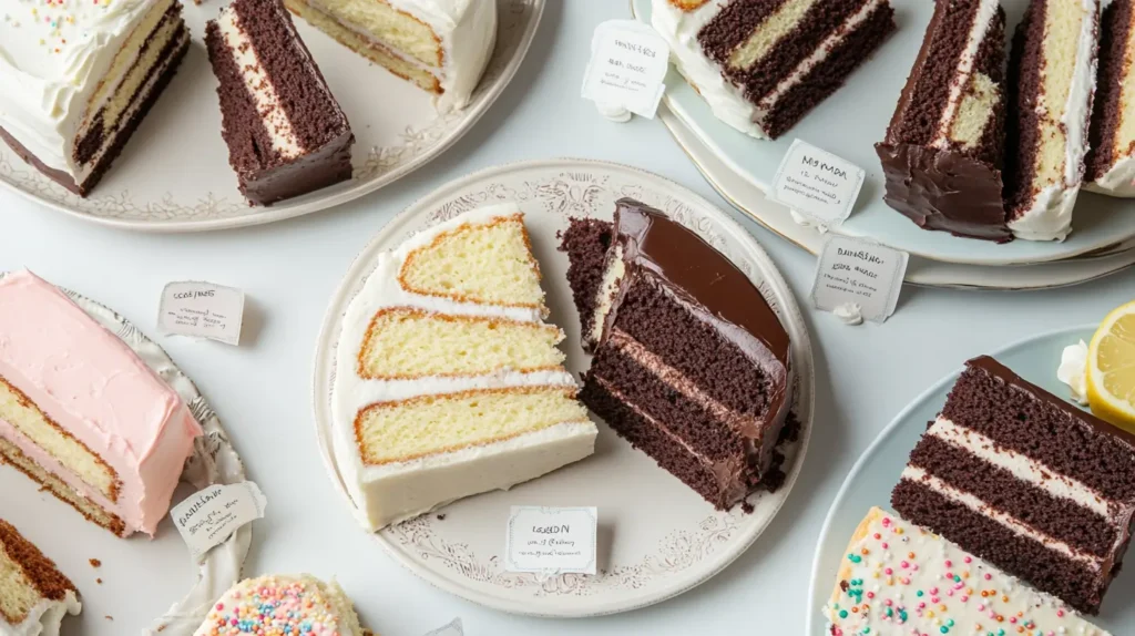 A flat-lay image of sliced cakes showcasing trending flavors like chocolate ganache, vanilla buttercream, funfetti, and lemon, with each slice placed on a decorative plate and labeled with its flavor