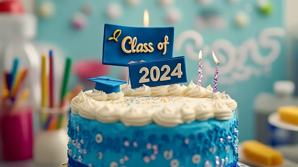 A close-up of a decorated graduation cake featuring edible graduation caps, diplomas, sparkling candles, and a bold 'Class of 2024' topper. Decorating tools and stencils are subtly placed in the background to highlight the creative process.