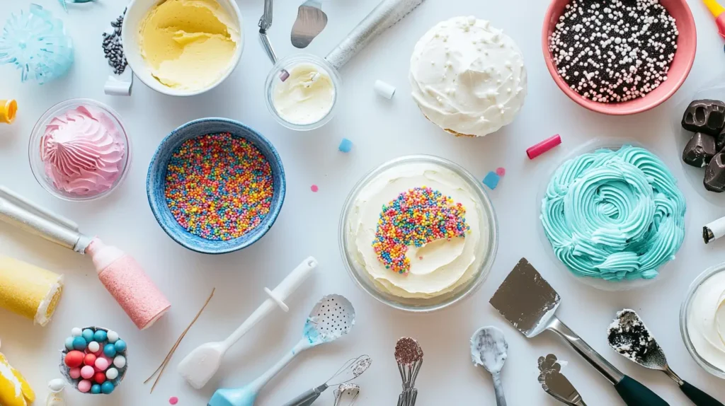 A baker's countertop with bowls of frosting, fondant, stencils, and a partially decorated graduation cake. Tools like piping bags and cutters are visible, emphasizing the DIY process.