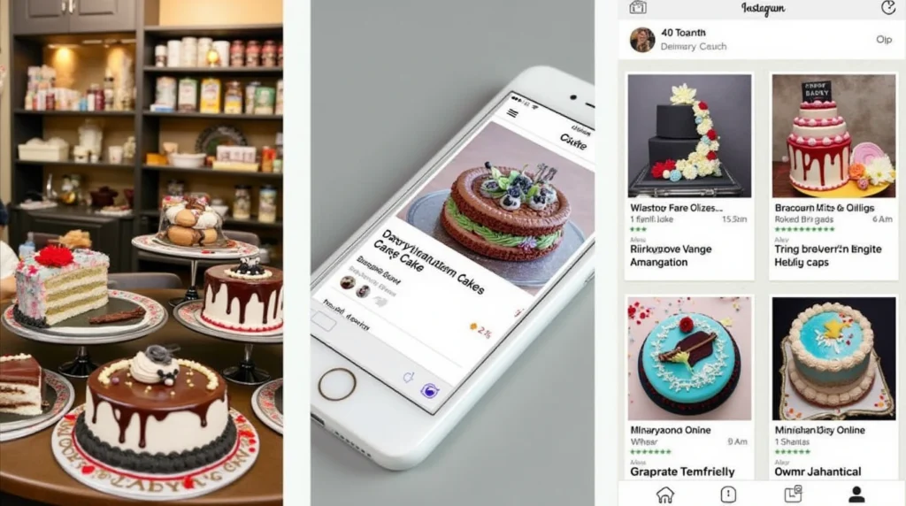 A collage of three images: a local bakery display with beautifully crafted graduation cakes, an online cake delivery interface on a smartphone, and a social media post showcasing trending graduation cake designs.