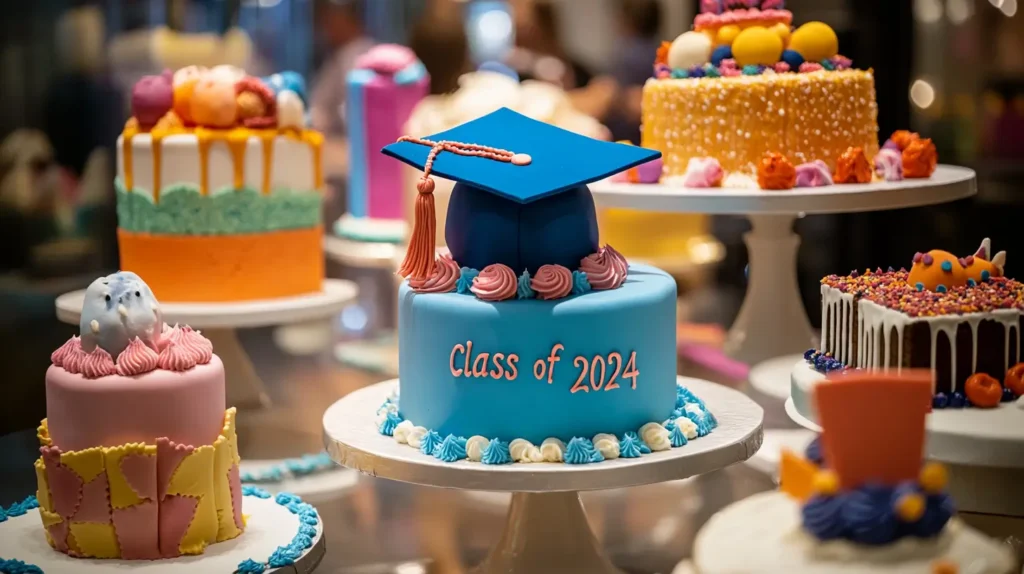 A display of creatively designed cakes, including a graduation cap cake, a diploma-shaped cake, and a 