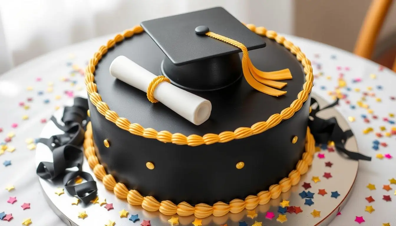 A beautifully decorated graduation cake featuring a 'Class of 2024' topper, edible graduation cap and diploma, and elegant frosting details, surrounded by cupcakes with matching designs, symbolizing how to choose the perfect cake for a graduate's celebration