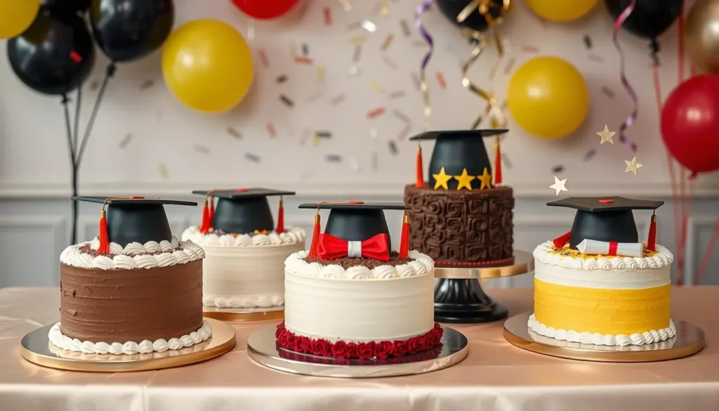 A graduation cake designed to match the graduate's favorite flavors and personal interests, featuring decorations like a graduation cap, diploma, and hobby-themed elements, symbolizing their unique journey and achievements.