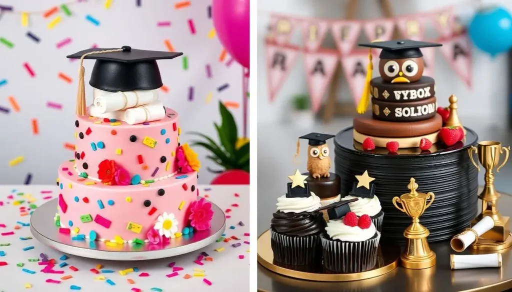 An assortment of custom graduation cakes featuring unique designs, including a tiered cake with a 'Class of 2024' topper, a diploma-shaped cake, and cupcakes with graduation caps, showcasing creative ideas for celebrating graduates.