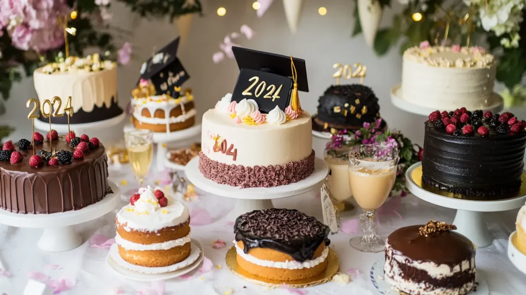 A spread of graduation-themed cakes featuring celebratory flavors like champagne and strawberry, chocolate and hazelnut, and vanilla bean and lemon. Each cake is adorned with fondant caps, diplomas, and '2024' toppers, surrounded by confetti, ribbons, and sparkling glasses for a festive atmosphere