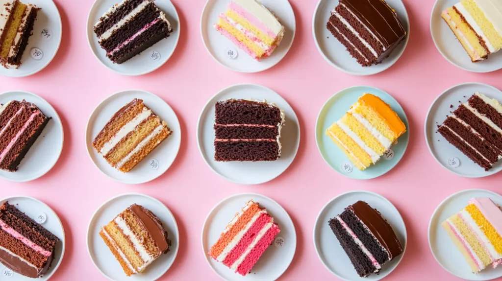 A flat-lay of sliced cakes in various flavors, including chocolate ganache, vanilla buttercream, funfetti, and lemon, each on individual plates with small labels identifying their flavors.