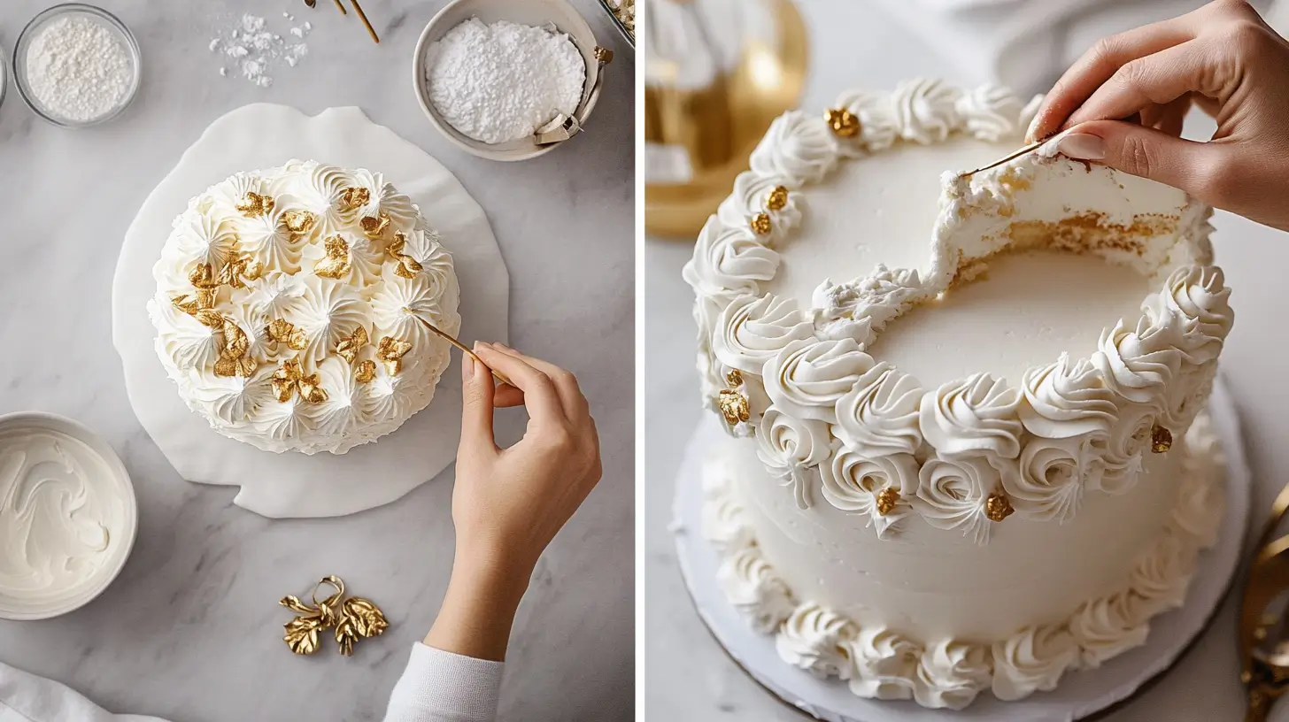 A step-by-step view of a graduation cake creation, showing a baker piping decorations and adding edible graduation-themed toppers on one side, with the finished cake on the other. The cake features ombré frosting, gold accents, and personalized school colors, surrounded by tools and ingredients like frosting bags, sprinkles, and cake pans.