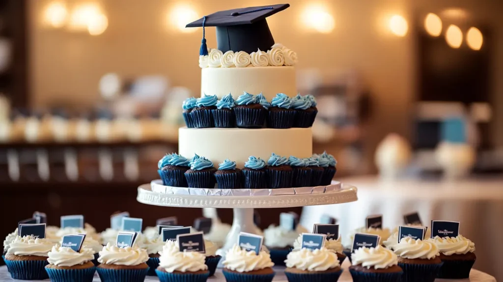 A beautifully arranged tiered cake with a graduation cap topper, surrounded by cupcakes decorated with miniature fondant diplomas and class year toppers.