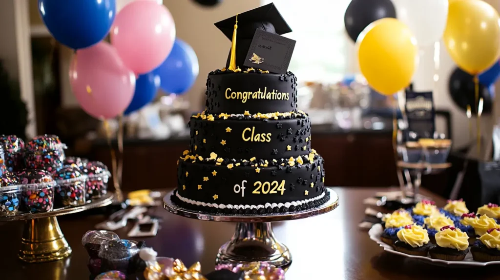 A grand, tiered graduation cake as the centerpiece of a celebratory table, adorned with edible caps, diplomas, and 'Congratulations' lettering. The display includes a 'Class of 2024' banner, balloons, confetti, and personalized touches like the graduate's name and school colors, symbolizing the joy and significance of the milestone