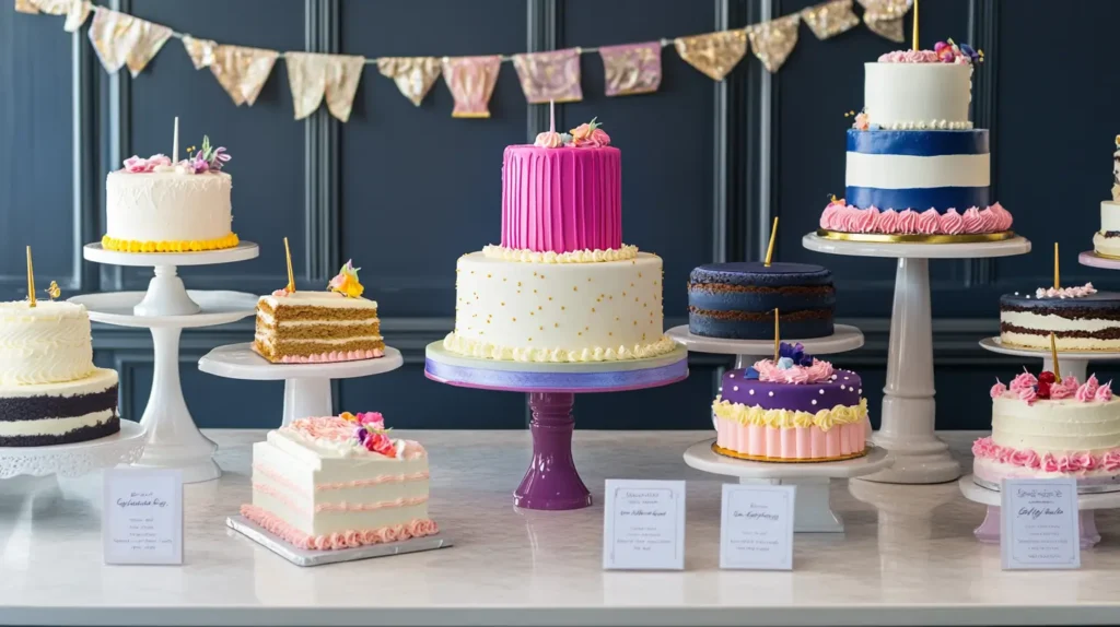 An array of graduation cakes featuring a tiered cake with formal decorations, a trendy drip cake with vibrant colors, and a sheet cake with personalized messages or school logos. Small cards indicate flavor, size, and design, with a backdrop of graduation-themed décor like caps, diplomas, and a congratulatory banner.