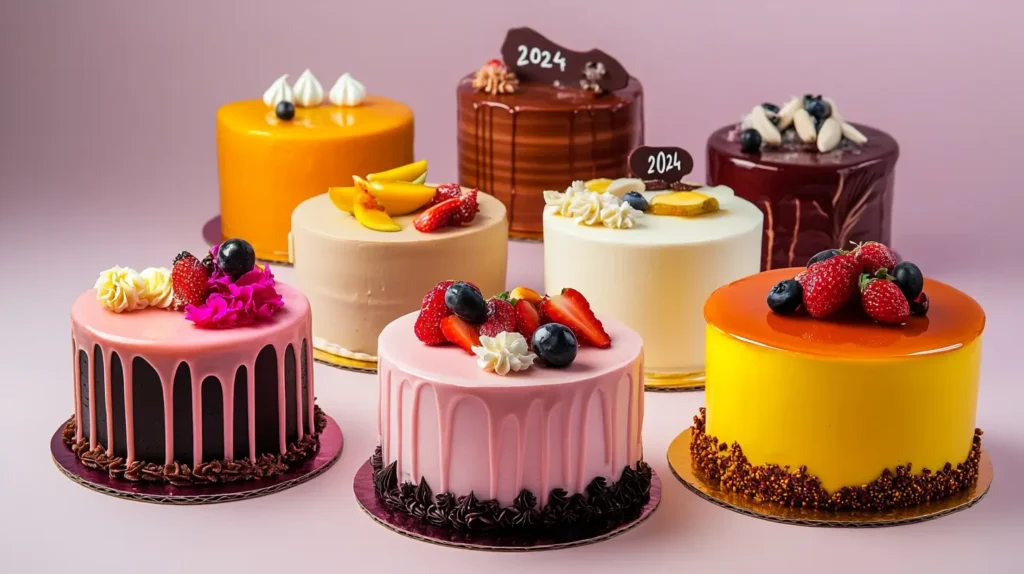 A stylish lineup of cakes highlighting 2024 flavor trends, including pistachio and rosewater with floral decorations, salted caramel and espresso with caramel drip, tropical mango and coconut with fresh fruit, and dark chocolate and chili with bold red accents. The cakes are arranged on a modern dessert table with graduation-themed touches like mini edible diplomas and '2024' toppers.