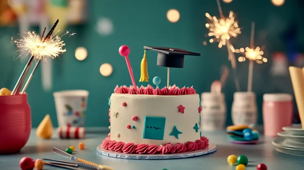 A close-up of graduation-themed cake toppers, including edible caps, diplomas, stencils, and sparklers, displayed on a table with decorating tools.