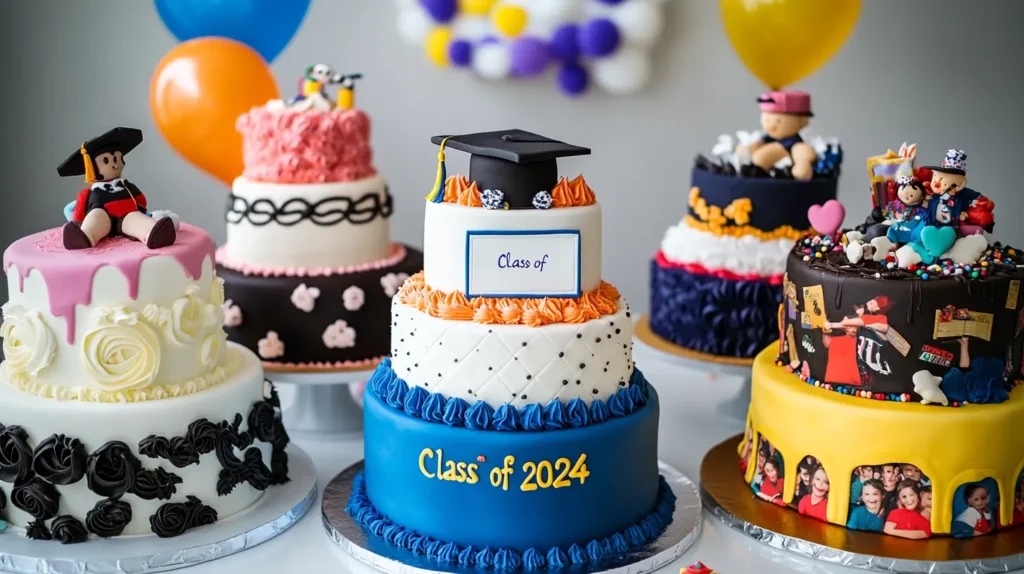 A collection of personalized graduation cakes, each reflecting different aspects of the graduate's journey. One cake features the graduate's name and school colors, another resembles a diploma or graduation cap, and a third incorporates the graduate’s hobbies like sports or books. The cakes are decorated with unique touches such as photos, miniature figurines, and fondant replicas of milestones, all displayed against a festive backdrop with balloons, confetti, and a 'Class of 2024' banner.