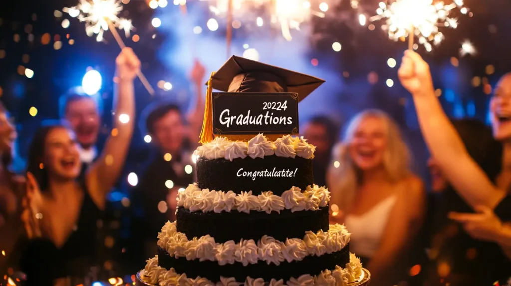 A grand, tiered graduation cake adorned with a fondant graduation cap, diploma scrolls, and '2024' in bold gold accents, serving as the centerpiece of a lively party scene. The cake is surrounded by confetti, balloons, sparklers, and a 'Congratulations Graduate!' banner, with guests joyfully gathered around in celebration.