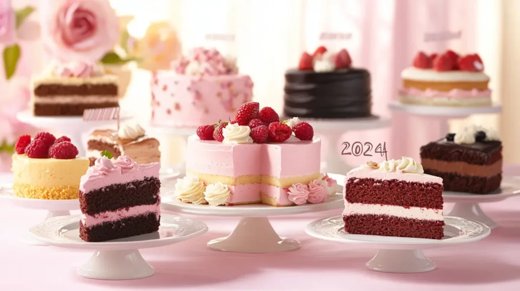 A stylish display of cake slices representing popular flavors like chocolate fudge, vanilla bean, red velvet, lemon blueberry, and strawberry champagne, garnished with toppings like berries, chocolate curls, and edible flowers. Mini fondant caps and '2024' picks are subtly added to each slice, with a celebratory backdrop of school colors, confetti, and banners.