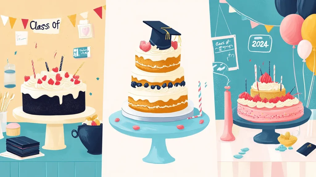 A split-image showcasing the stages of creating a graduation cake: the first part shows mixing ingredients, pouring batter, and baking the layers. The second part features assembling the cake with frosting, stacking layers, and adding graduation-themed decorations like fondant caps and 'Class of 2024' toppers. The final part shows the beautifully decorated cake in a festive setting with balloons, confetti, and a party backdrop.