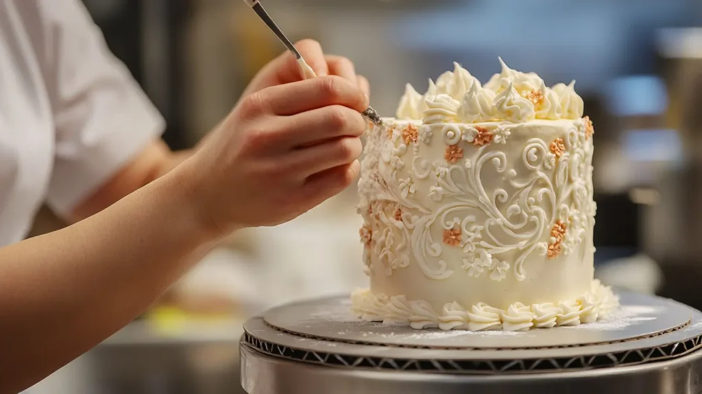 A behind-the-scenes shot of a baker intricately decorating a graduation cake with fondant caps, diplomas, and lettering, showcasing the attention to detail in the cake's design.