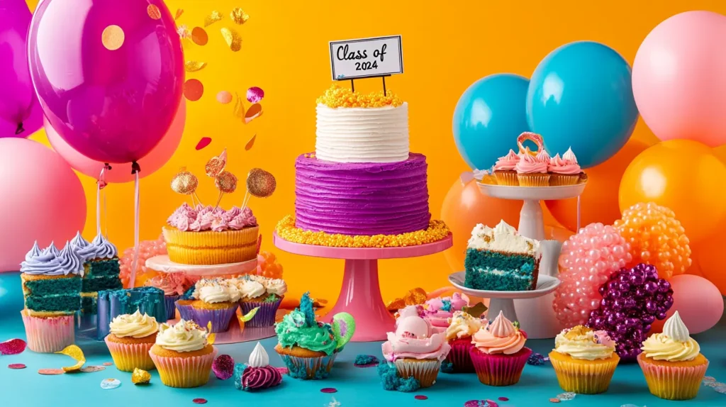 A vibrant collage featuring different graduation cakes, including a tiered cake with a 'Class of 2024' topper, a diploma-shaped cake, and a graduation cap cake, surrounded by celebratory props like balloons, confetti, and mini cupcakes.